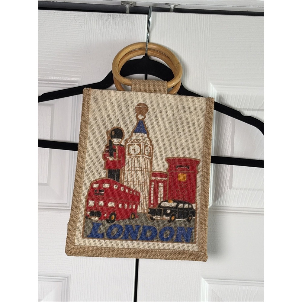 Earthbags London Souvenir Tote Bag Womens Size Small Tan Jute Burlap 8x9.5